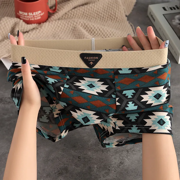 新款男士内裤男款复古冰丝平角裤夏季薄款运动个性印花四角短裤衩