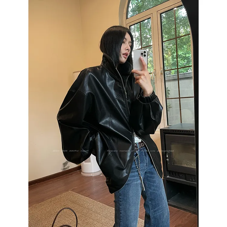 JCCC影子【纤影】黑色100PU宽松显瘦皮夹克外套JE5AOW12