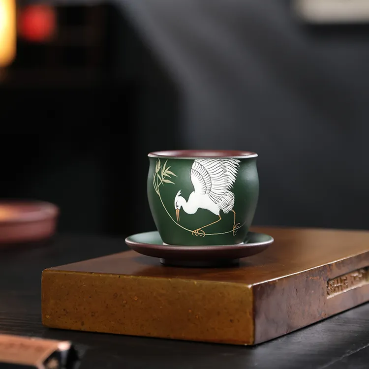 原矿紫砂手绘大容量荷气生财蝶恋花堆绘主人杯紫砂杯茶杯家用茶具