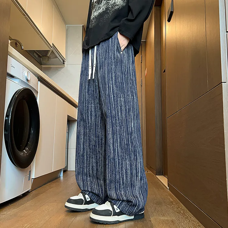 男士潮流宽松扎染条纹阔腿裤垂感直筒长裤春秋季大码百搭休闲裤