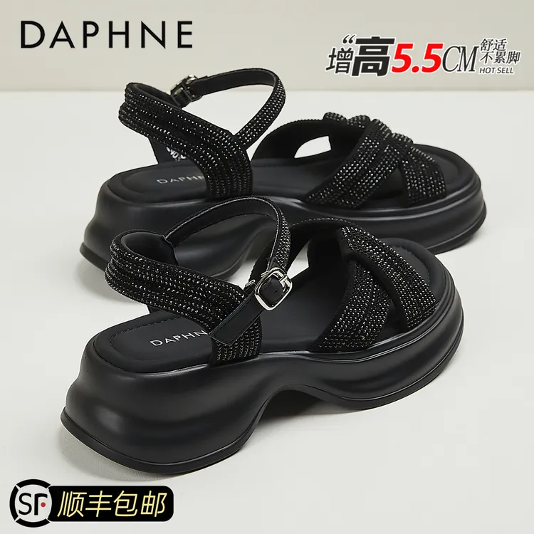 达芙妮女鞋厚底露趾凉鞋2025夏季外穿时尚水钻一字扣沙滩松糕凉鞋