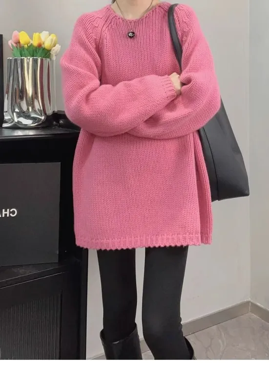 毛衣女秋冬新款圆领套头宽松慵懒风百搭时尚外穿显白打底针织衫女