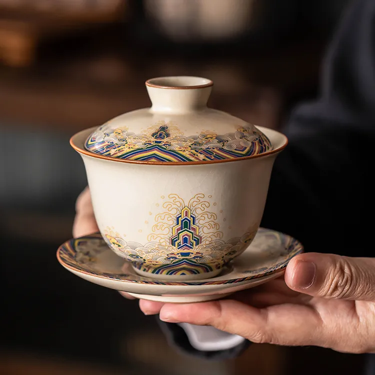 米黄汝窑三才盖碗单个高档茶具家用陶瓷功夫泡茶碗个人专用一人饮