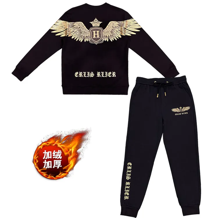 2025冬季新款男士卫衣套装设计师加绒加厚印花烫钻翅膀时尚男装 