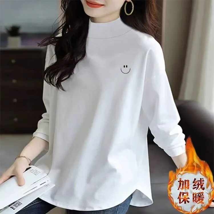 加绒白色半高领打底衫女秋冬2025新款时尚百搭内搭长袖T恤上衣潮