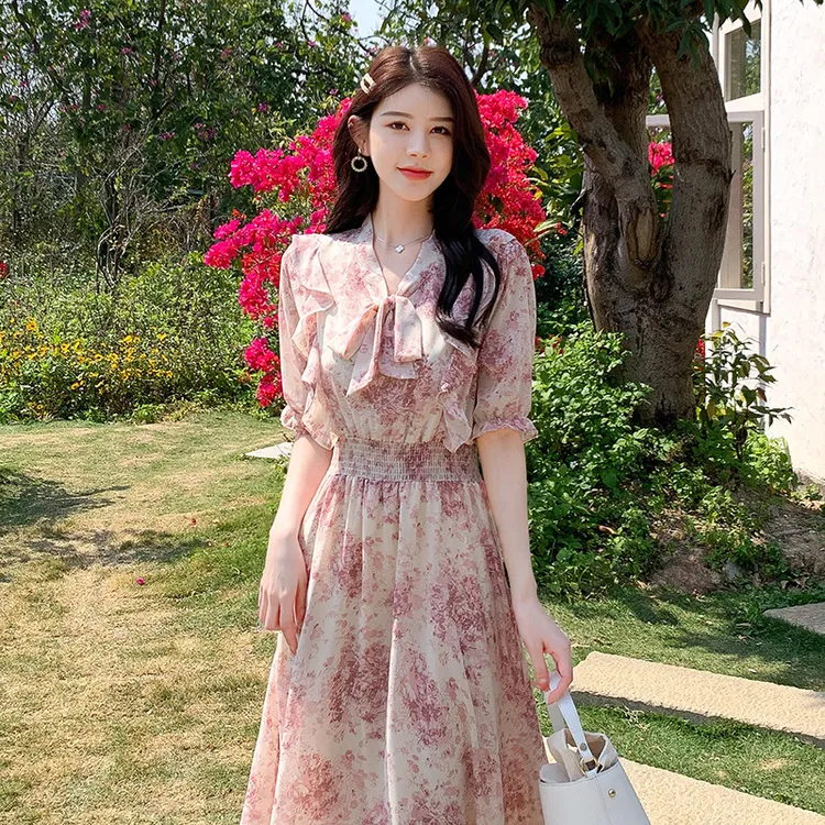 甜美cleanfit风法式连衣裙复古浪漫荷叶边高腰雪纺裙