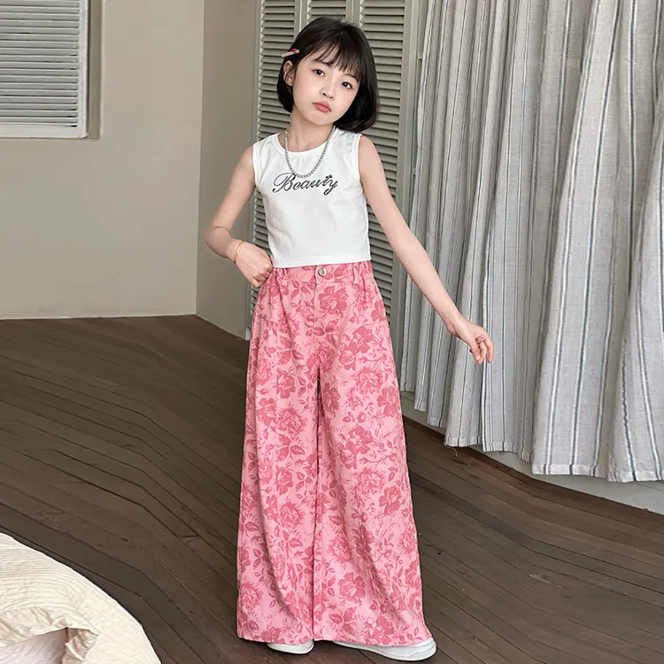 女童夏装套装2025新款洋气大童百搭背心女孩碎花阔腿裤休闲两件套