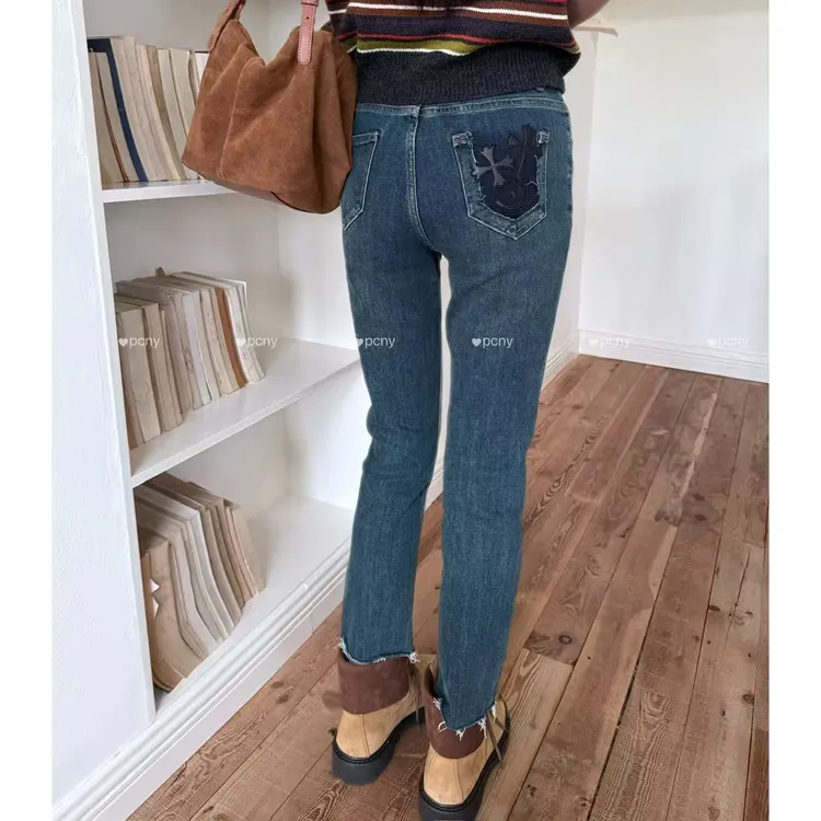 PCNY「隐秘小花」不理理冬季新款女装时尚小脚百搭九分毛边牛仔裤子