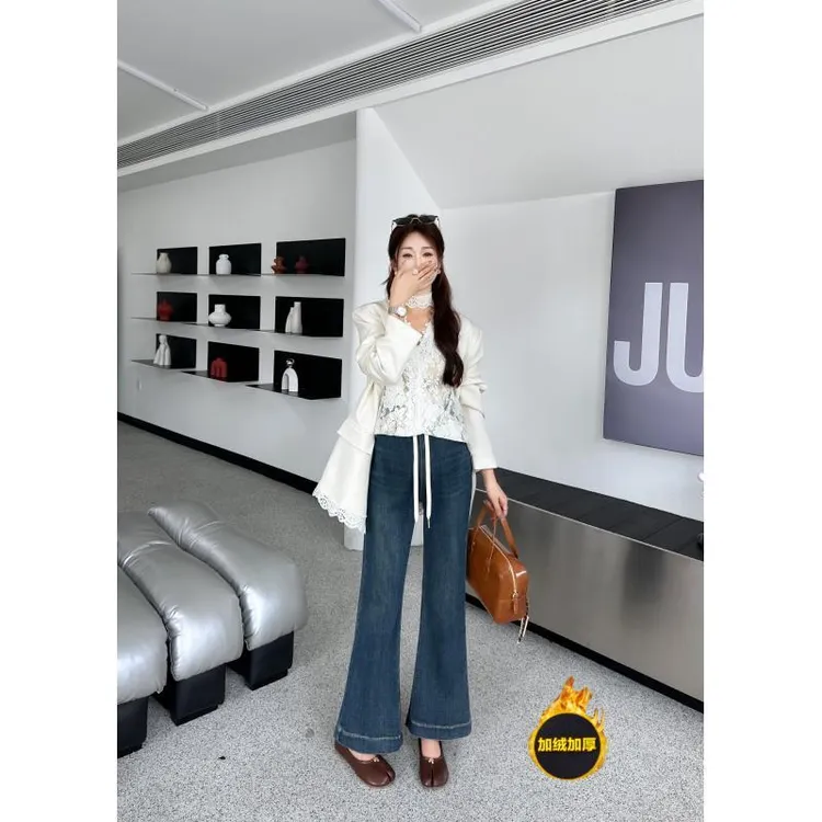 秋冬加绒孕妇弹力高腰加绒抽绳微喇牛仔裤外穿长裤