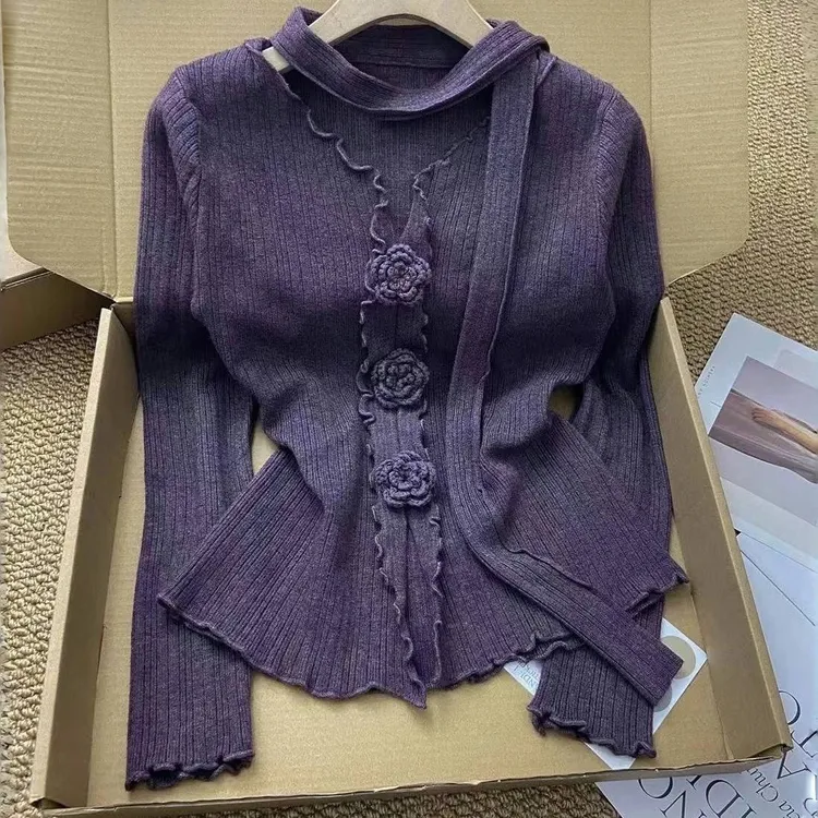法式立体花朵v领针织衫女秋冬别致木耳边毛衣纯欲挂脖飘带小上衣