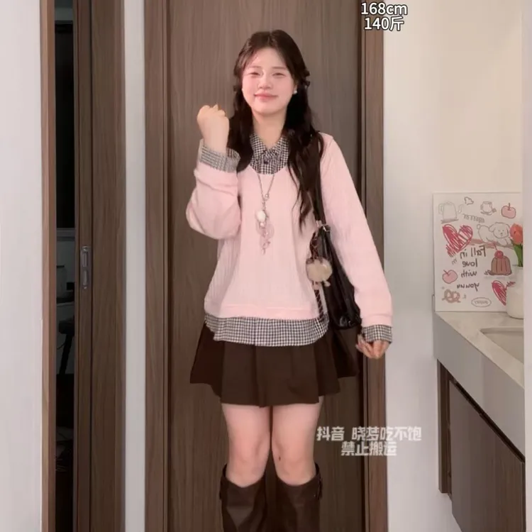 韩系文艺少女学院风叠穿衬衫假两件上衣短裙阔腿裤秋冬一整套穿搭