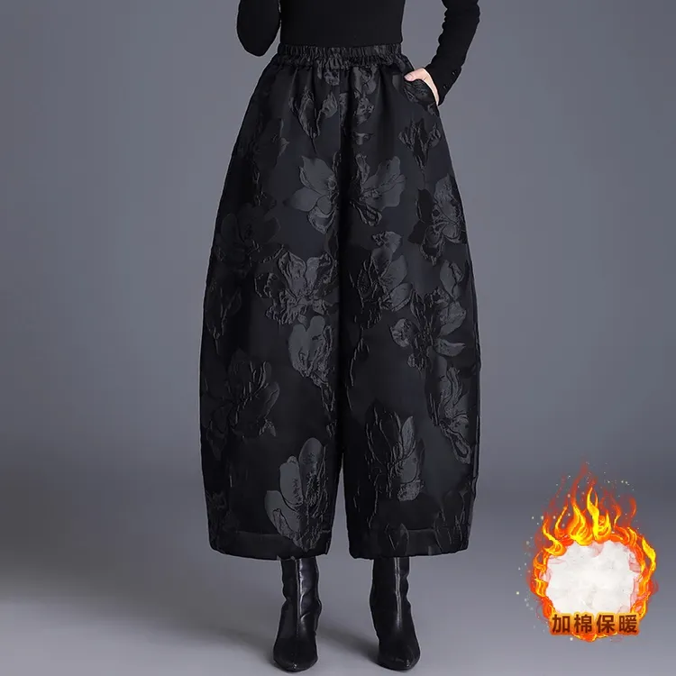 高腰浮雕提花花苞裤棉裤女加棉裤子保暖九分中国风阔腿裤加厚灯笼