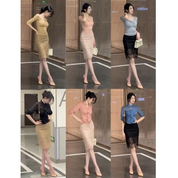 希野逸儿/气质高雅轻薄三层过渡弹力微包臀鎏金女士蕾丝半身裙女