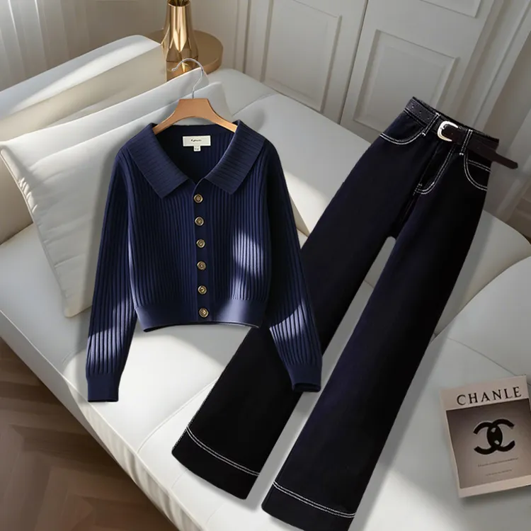 秋季新款慵懒风套装轻奢高档翻领针织开衫毛衣女休闲裤时尚两件套
