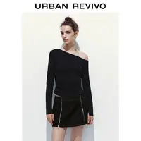 UR2025秋季新款女装城市度假斜肩领褶皱修身短款T恤UYY450293