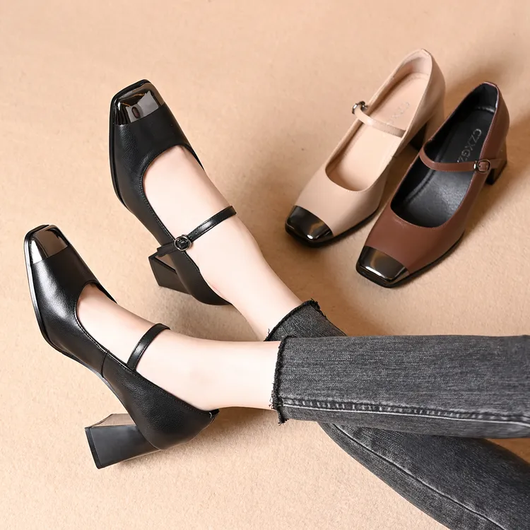 方头浅口时尚百搭一字带扣舒适高跟女士软底粗跟复古鞋子单鞋跟鞋