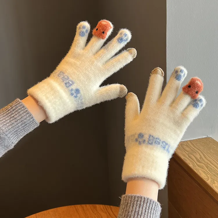 可爱毛绒针织五指手套冬季保暖加厚学生触屏骑车冬天防寒防风GJW