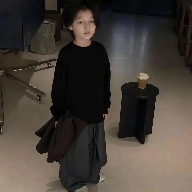 2025韩版男童女童裤子儿童加绒阔腿裤秋冬新款纯棉T恤套装慵懒酷