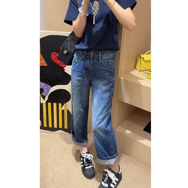 牛仔裤女2026早春新款小个子时尚大码百搭高腰宽松显瘦直筒法棍裤