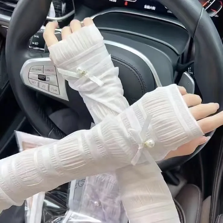 夏季户外骑车开车冰丝袖套女珍珠蝴蝶结蕾丝手套防晒袖套防晒冰袖