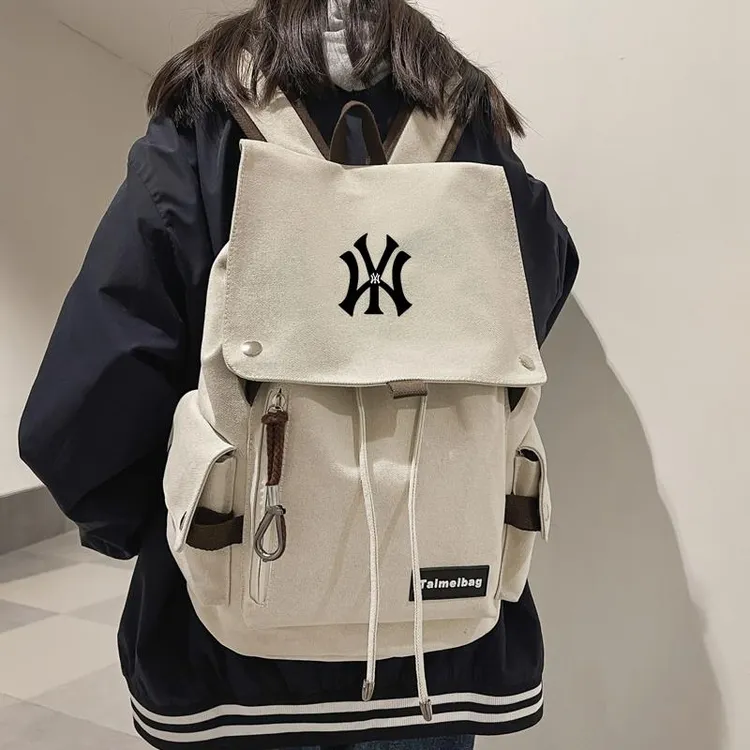 【开学书包】学生双肩包女帆布抽绳翻盖书包男电脑旅行包节日礼物