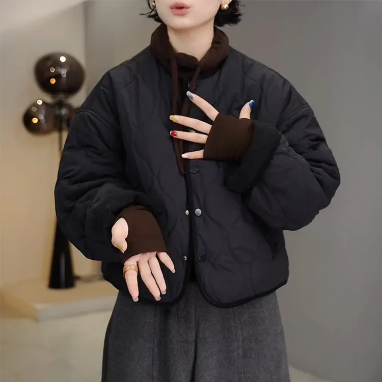 韩版时尚圆领撞色单排扣加厚保暖棉服女2025冬季新款宽松显瘦棉衣