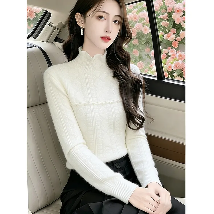 半高领钉珠蕾丝毛衣女爆款春秋高级感修身内搭针织衫提花打底上衣