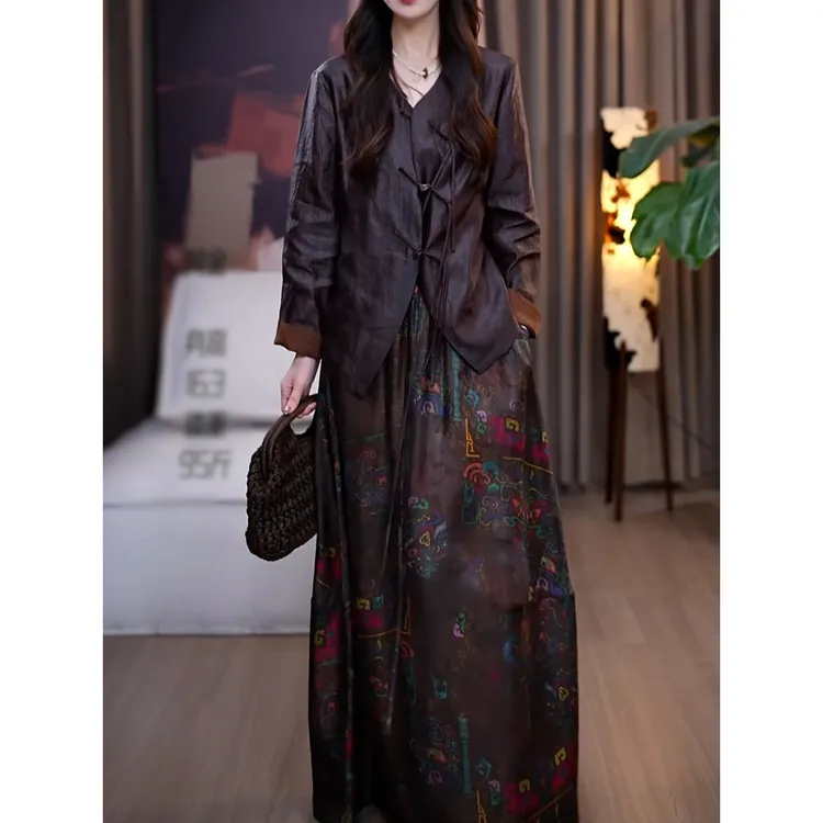 新中式文艺风裙套装女2025秋季新款轻奢百搭国风上衣+印花半身裙