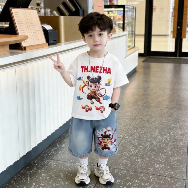 哪吒衣服男童夏季套装2026新款卡通宝宝痞帅两件套潮