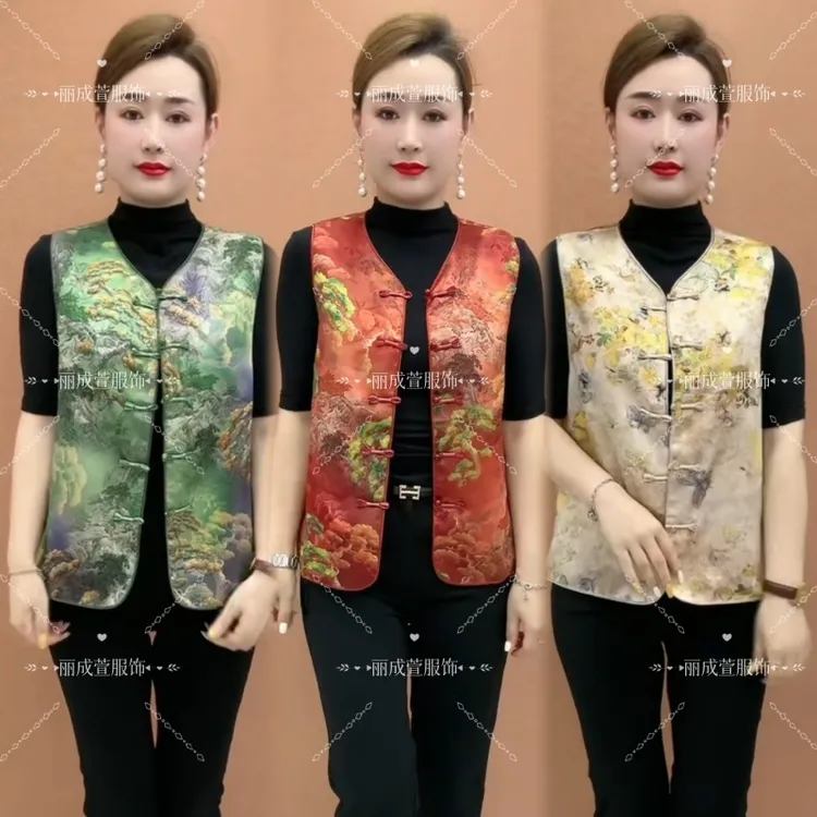 中式国风气质马甲时尚复古提花坎肩背心盘扣女装新款妈妈无袖上衣