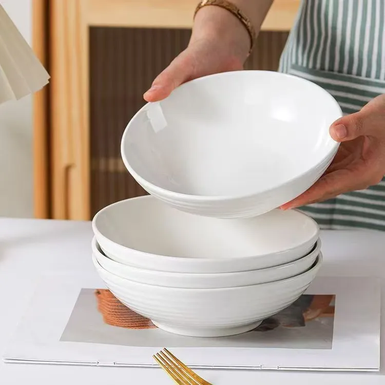 4/6只7英寸螺纹碗菜盘子家用陶瓷加深汤盘子横纹瓷碗盘子餐具