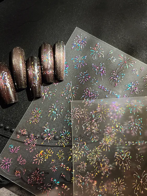 镭射蝴蝶烟花美甲贴纸精美幻彩轻奢绚烂彩色烟花背胶指甲装饰贴  