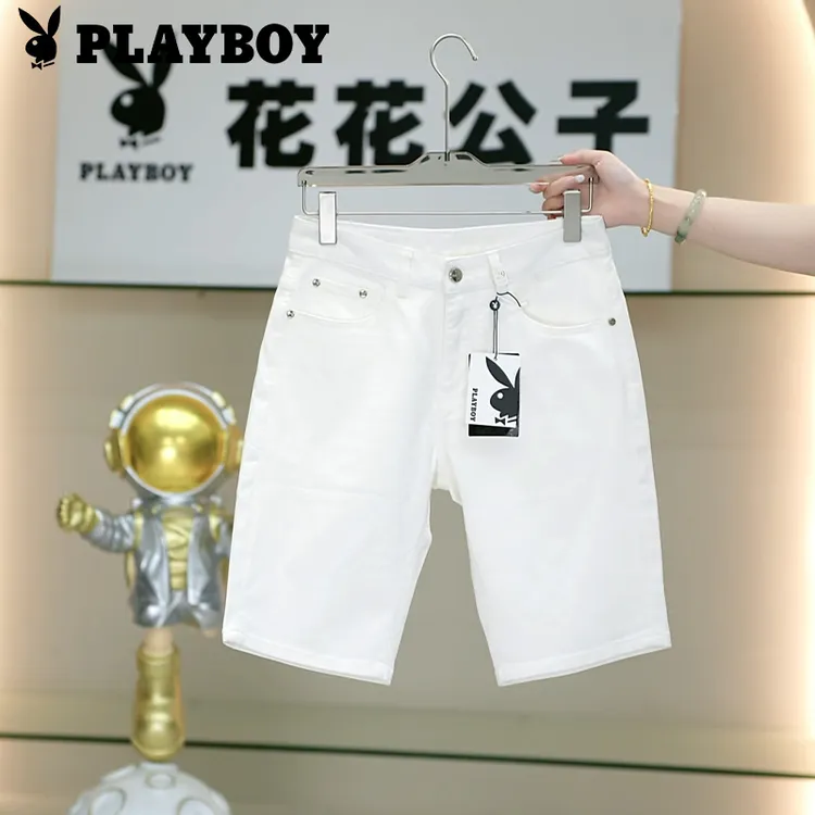 PLAYBOY/花花公子雪花白色牛仔短裤男士夏季纯色潮流五分裤子男