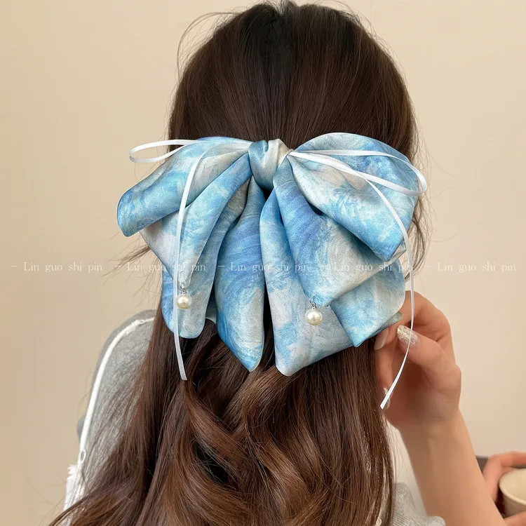 新中式油画晕染仙气蝴蝶结发饰抓夹发夹蓝色饰品女超仙森系