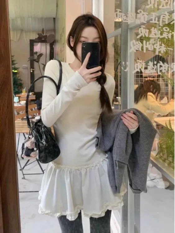 韩系花边拼接打底长袖连衣裙2025冬季新款修身显瘦德绒冬季女装