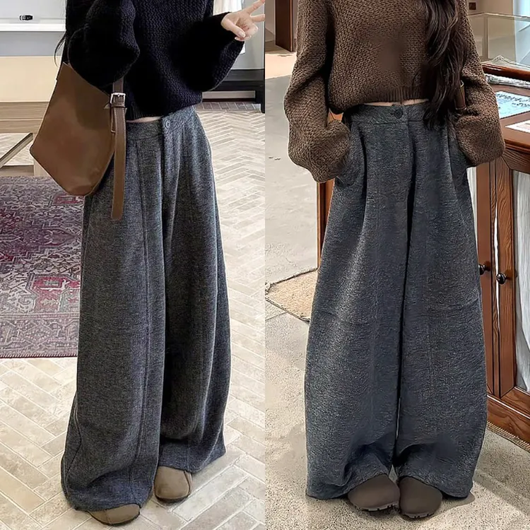 【加绒加厚】灰色毛呢裤秋冬新款大码胖mm高腰显瘦宽松休闲阔腿裤女