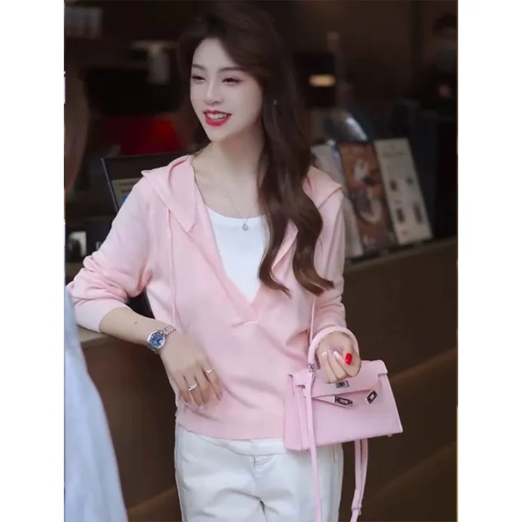 粉色假两件连帽长袖春季针织衫气质款休闲百搭温柔风减龄显白上衣