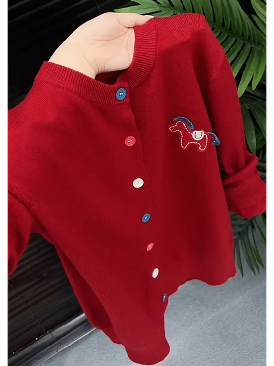 圣诞红卡通小马刺绣圆领针织开衫女2025冬季新款显瘦短款毛衣上衣