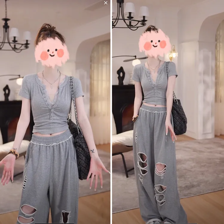 假两件蕾丝拼接修身T恤显瘦内搭短袖时尚破洞松紧腰休闲裤两件套