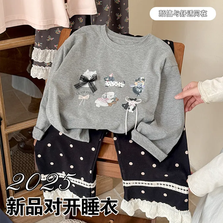 男女童秋冬新款长袖时尚休闲裤宽松印花圆领卡通亲子家居服套装