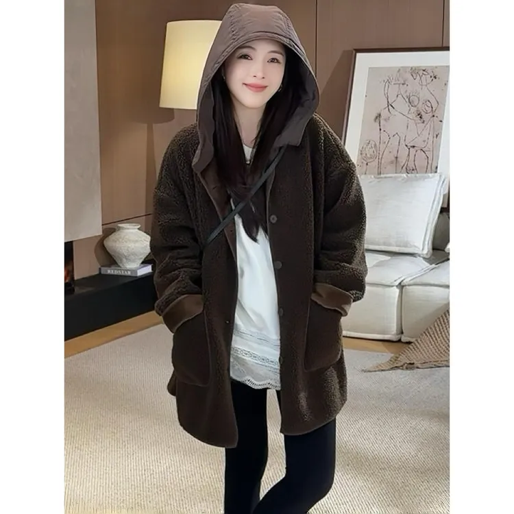 赫本风冬季气质保暖连帽羔毛绒外套女皮毛一体宽松加厚毛毛大衣潮