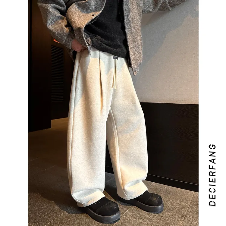 冬季新款加绒加厚休闲卫裤男士宽松潮流慵懒软糯宽松百搭弯刀长裤