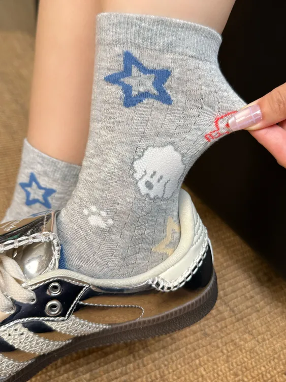 夏季网眼镂空可爱小狗透气袜子无骨袜星星卡通薄款女袜爆款中筒袜