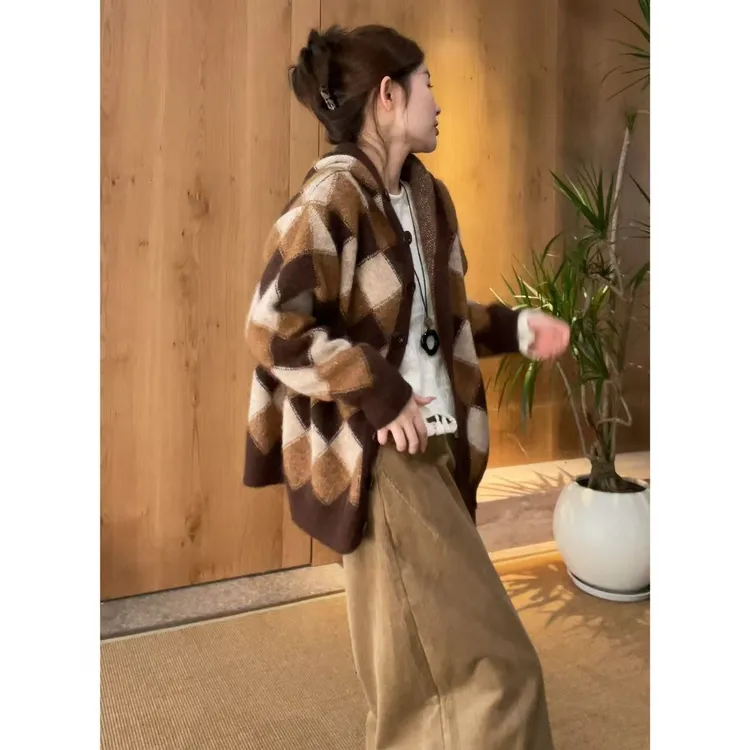 玖了个玖【菱格连帽毛衣】2025秋季新款百搭宽松上衣 2509C5737