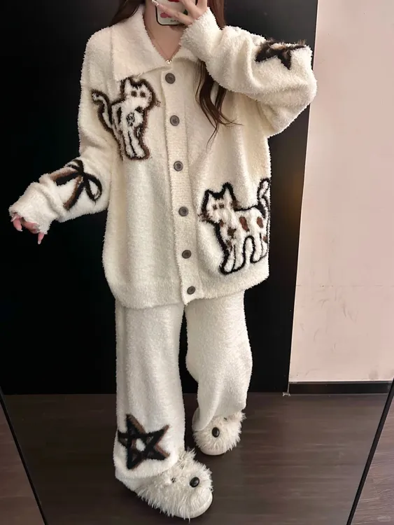 软糯可爱抽象趣味卡通针织半边绒睡衣女秋冬新款保暖舒适居家套装