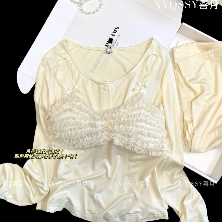 奶霜新款纯欲性棉感睡衣女春秋长袖三件套甜美带胸垫可外穿家居服