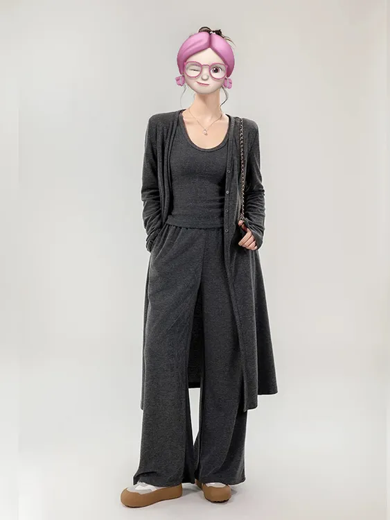 时尚休闲套装女灰色长袖开衫春装吊带背心垂感阔腿裤显瘦