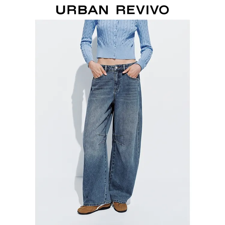 UR2025秋季新款女流光风复古水洗猫须弯刀牛仔长裤UYL850177