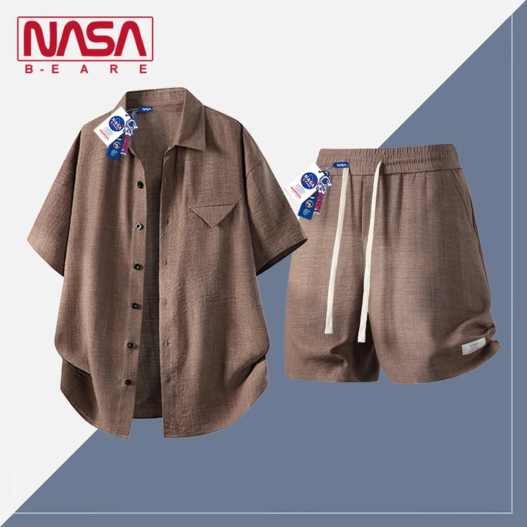 NASA联名老钱风短袖衬衫套装男夏季宽松半袖衬衣五分短裤休闲穿搭