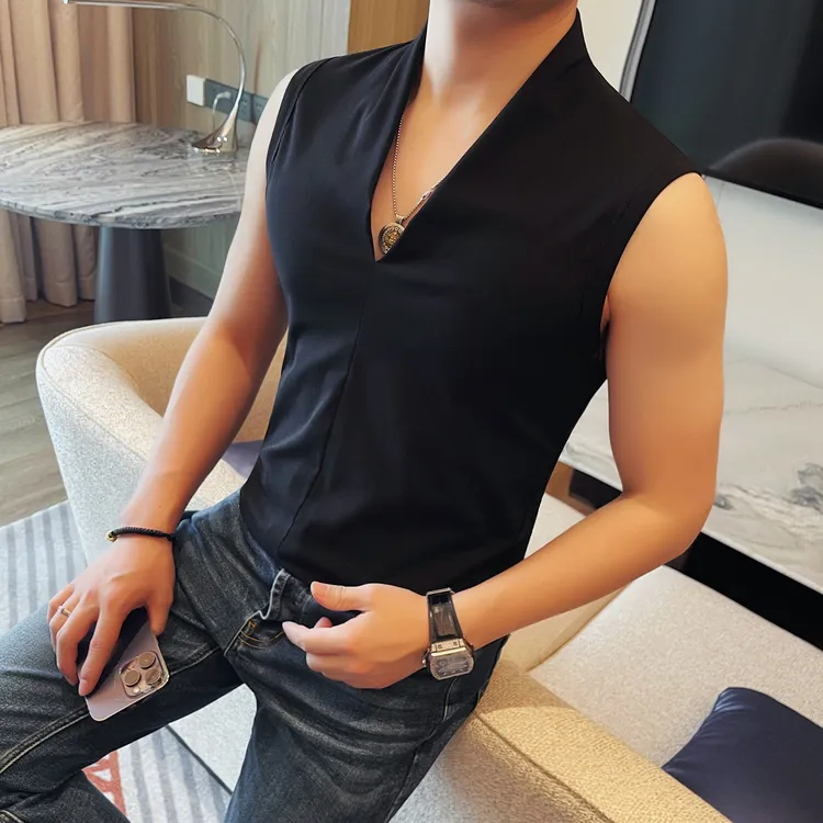 高级感男士纯色坎肩背心2025夏季新款潮流痞帅宽松无袖v领T恤上衣
